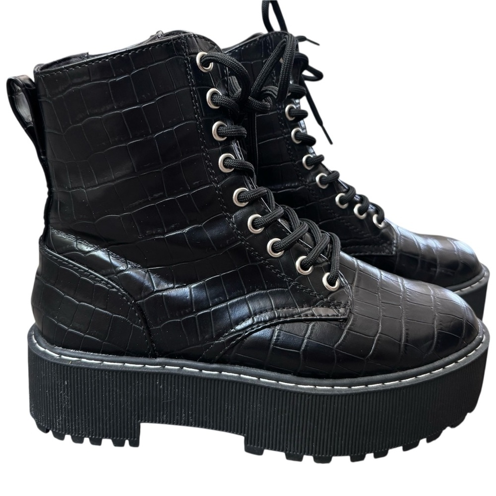 H&M Black Croc-Embossed Platform Boots